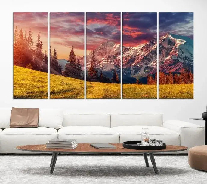 The "Mountain and Daylight Red Sunset Wall Art Canvas Print," featuring three panels of a mountain landscape at sunset, graces the wall with its vibrant depiction. Printed on museum-quality canvas with UV-protective coating, this ready-to-hang piece can effortlessly transform any living space into an artistic sanctuary.