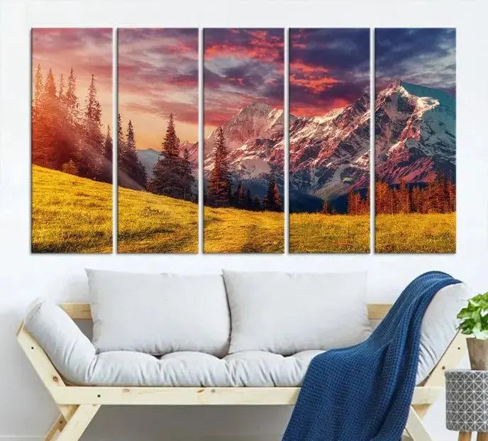 The "Mountain and Daylight Red Sunset Wall Art Canvas Print," featuring three panels of a mountain landscape at sunset, graces the wall with its vibrant depiction. Printed on museum-quality canvas with UV-protective coating, this ready-to-hang piece can effortlessly transform any living space into an artistic sanctuary.