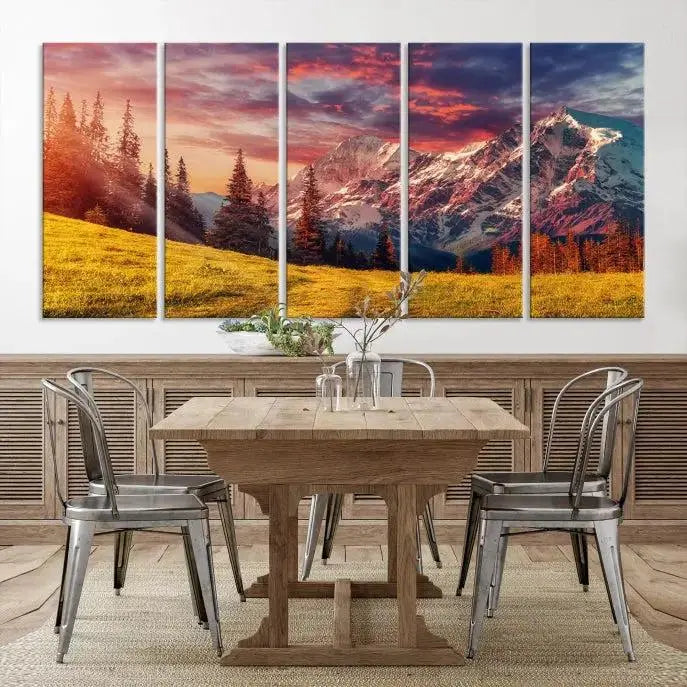 The "Mountain and Daylight Red Sunset Wall Art Canvas Print," featuring three panels of a mountain landscape at sunset, graces the wall with its vibrant depiction. Printed on museum-quality canvas with UV-protective coating, this ready-to-hang piece can effortlessly transform any living space into an artistic sanctuary.