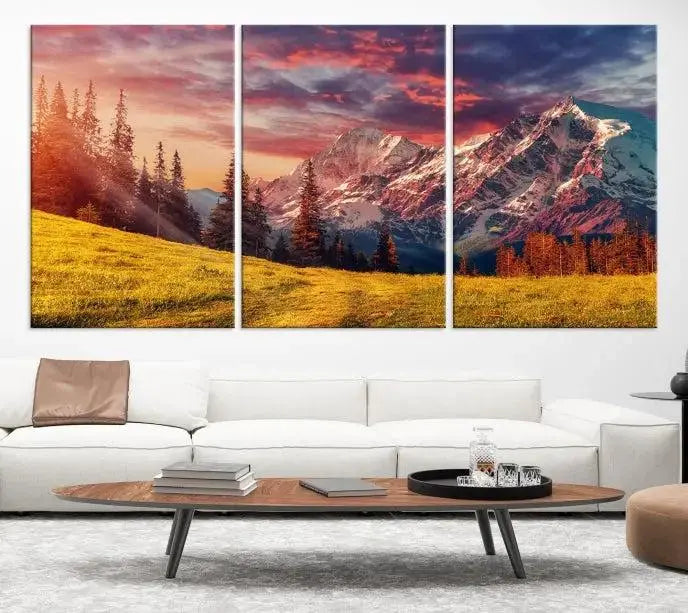 The "Mountain and Daylight Red Sunset Wall Art Canvas Print," featuring three panels of a mountain landscape at sunset, graces the wall with its vibrant depiction. Printed on museum-quality canvas with UV-protective coating, this ready-to-hang piece can effortlessly transform any living space into an artistic sanctuary.