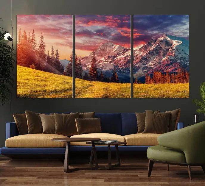 The "Mountain and Daylight Red Sunset Wall Art Canvas Print," featuring three panels of a mountain landscape at sunset, graces the wall with its vibrant depiction. Printed on museum-quality canvas with UV-protective coating, this ready-to-hang piece can effortlessly transform any living space into an artistic sanctuary.