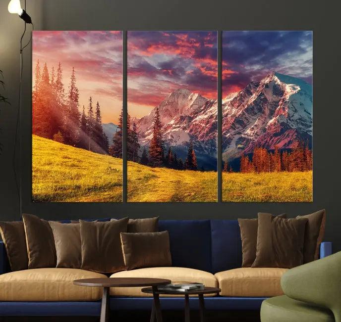 The "Mountain and Daylight Red Sunset Wall Art Canvas Print," featuring three panels of a mountain landscape at sunset, graces the wall with its vibrant depiction. Printed on museum-quality canvas with UV-protective coating, this ready-to-hang piece can effortlessly transform any living space into an artistic sanctuary.