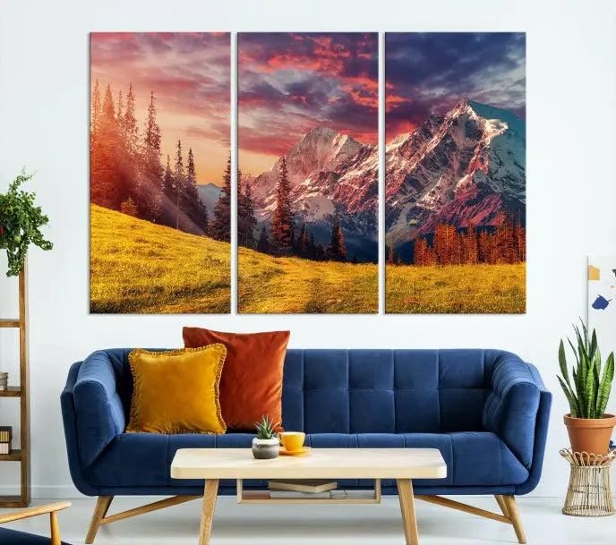 The "Mountain and Daylight Red Sunset Wall Art Canvas Print," featuring three panels of a mountain landscape at sunset, graces the wall with its vibrant depiction. Printed on museum-quality canvas with UV-protective coating, this ready-to-hang piece can effortlessly transform any living space into an artistic sanctuary.