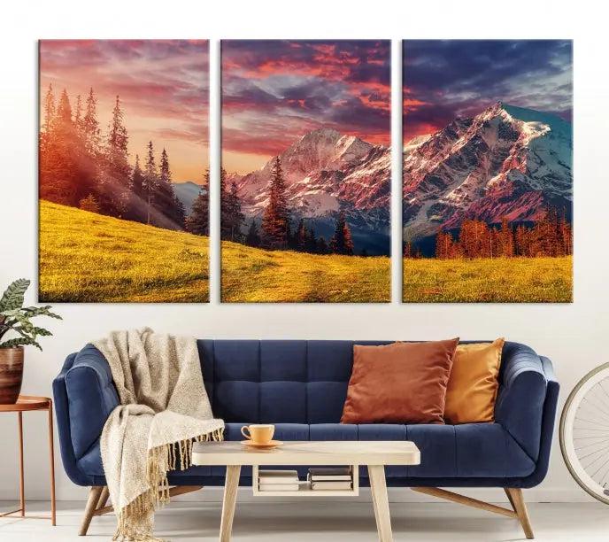 The "Mountain and Daylight Red Sunset Wall Art Canvas Print," featuring three panels of a mountain landscape at sunset, graces the wall with its vibrant depiction. Printed on museum-quality canvas with UV-protective coating, this ready-to-hang piece can effortlessly transform any living space into an artistic sanctuary.