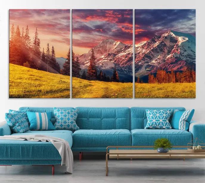 The "Mountain and Daylight Red Sunset Wall Art Canvas Print," featuring three panels of a mountain landscape at sunset, graces the wall with its vibrant depiction. Printed on museum-quality canvas with UV-protective coating, this ready-to-hang piece can effortlessly transform any living space into an artistic sanctuary.