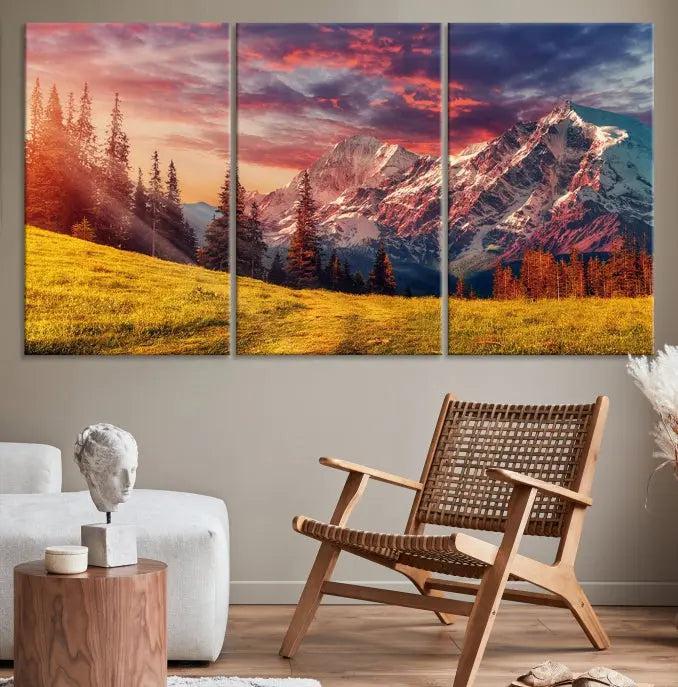 The "Mountain and Daylight Red Sunset Wall Art Canvas Print," featuring three panels of a mountain landscape at sunset, graces the wall with its vibrant depiction. Printed on museum-quality canvas with UV-protective coating, this ready-to-hang piece can effortlessly transform any living space into an artistic sanctuary.