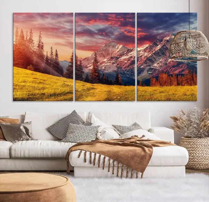 The "Mountain and Daylight Red Sunset Wall Art Canvas Print," featuring three panels of a mountain landscape at sunset, graces the wall with its vibrant depiction. Printed on museum-quality canvas with UV-protective coating, this ready-to-hang piece can effortlessly transform any living space into an artistic sanctuary.