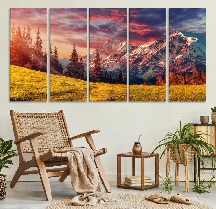 The "Mountain and Daylight Red Sunset Wall Art Canvas Print," featuring three panels of a mountain landscape at sunset, graces the wall with its vibrant depiction. Printed on museum-quality canvas with UV-protective coating, this ready-to-hang piece can effortlessly transform any living space into an artistic sanctuary.