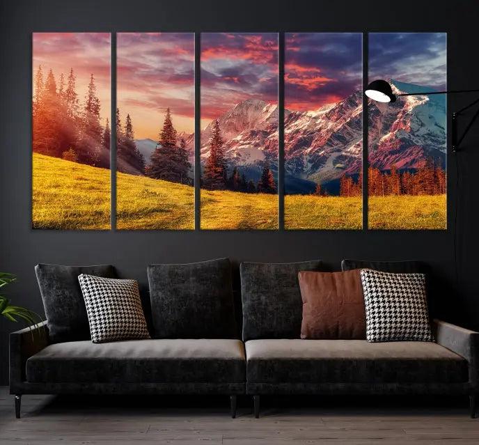 The "Mountain and Daylight Red Sunset Wall Art Canvas Print," featuring three panels of a mountain landscape at sunset, graces the wall with its vibrant depiction. Printed on museum-quality canvas with UV-protective coating, this ready-to-hang piece can effortlessly transform any living space into an artistic sanctuary.