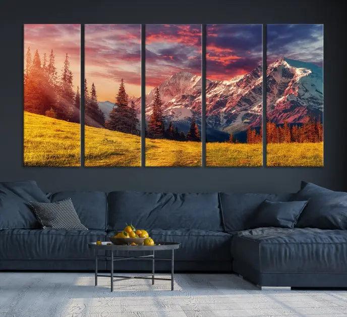 The "Mountain and Daylight Red Sunset Wall Art Canvas Print," featuring three panels of a mountain landscape at sunset, graces the wall with its vibrant depiction. Printed on museum-quality canvas with UV-protective coating, this ready-to-hang piece can effortlessly transform any living space into an artistic sanctuary.