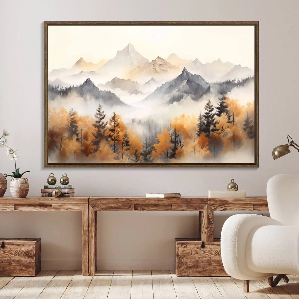 Abstract Mountain Wall Art | Misty Mountain Forest and Mountains Canvas Print for Living Room, Bedroom, Office | Large Wall Art Decor