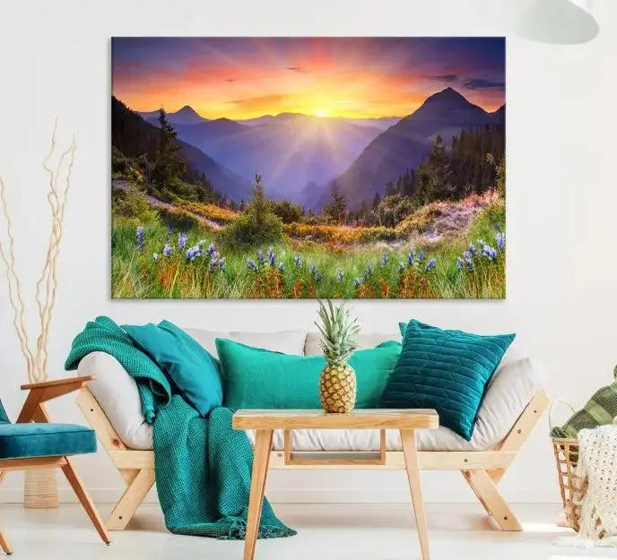 A set of three "Mountain and Spring Wall Art Canvas Prints" showcases a sunrise mountain scene. These museum-quality canvases are ready to hang and come with a UV-protective coating for enduring vibrancy.