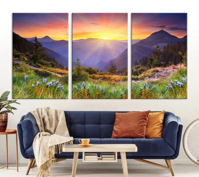 A set of three "Mountain and Spring Wall Art Canvas Prints" showcases a sunrise mountain scene. These museum-quality canvases are ready to hang and come with a UV-protective coating for enduring vibrancy.