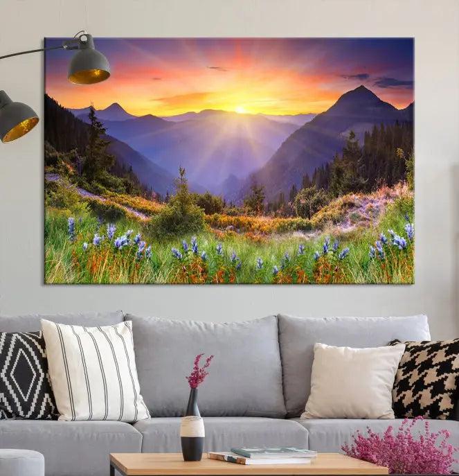 A set of three "Mountain and Spring Wall Art Canvas Prints" showcases a sunrise mountain scene. These museum-quality canvases are ready to hang and come with a UV-protective coating for enduring vibrancy.