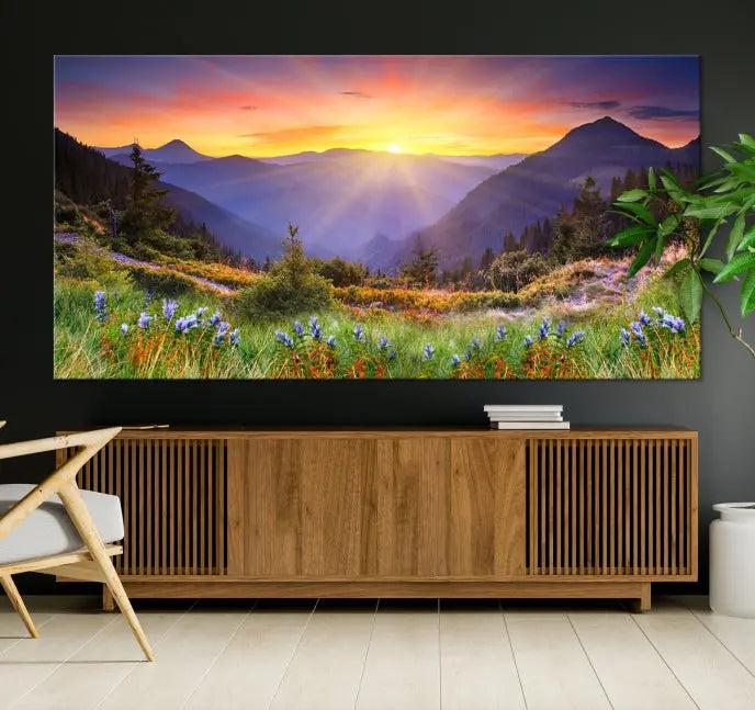 A set of three "Mountain and Spring Wall Art Canvas Prints" showcases a sunrise mountain scene. These museum-quality canvases are ready to hang and come with a UV-protective coating for enduring vibrancy.