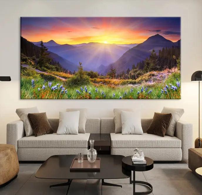 A set of three "Mountain and Spring Wall Art Canvas Prints" showcases a sunrise mountain scene. These museum-quality canvases are ready to hang and come with a UV-protective coating for enduring vibrancy.