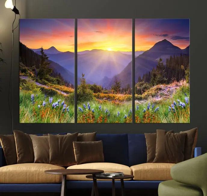 A set of three "Mountain and Spring Wall Art Canvas Prints" showcases a sunrise mountain scene. These museum-quality canvases are ready to hang and come with a UV-protective coating for enduring vibrancy.