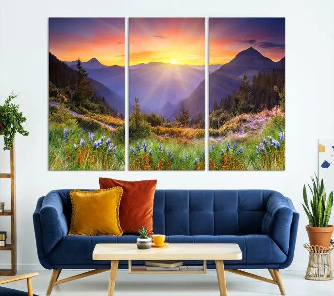 A set of three "Mountain and Spring Wall Art Canvas Prints" showcases a sunrise mountain scene. These museum-quality canvases are ready to hang and come with a UV-protective coating for enduring vibrancy.