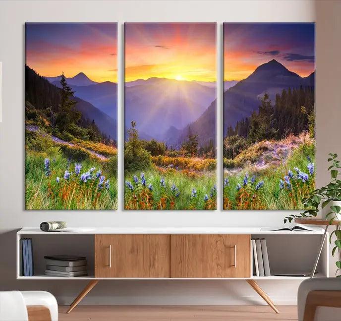 A set of three "Mountain and Spring Wall Art Canvas Prints" showcases a sunrise mountain scene. These museum-quality canvases are ready to hang and come with a UV-protective coating for enduring vibrancy.