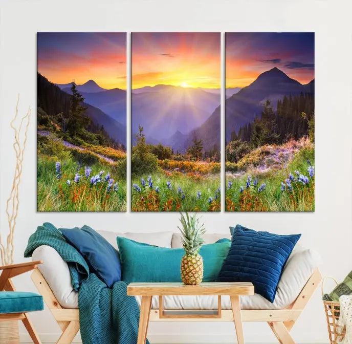 A set of three "Mountain and Spring Wall Art Canvas Prints" showcases a sunrise mountain scene. These museum-quality canvases are ready to hang and come with a UV-protective coating for enduring vibrancy.