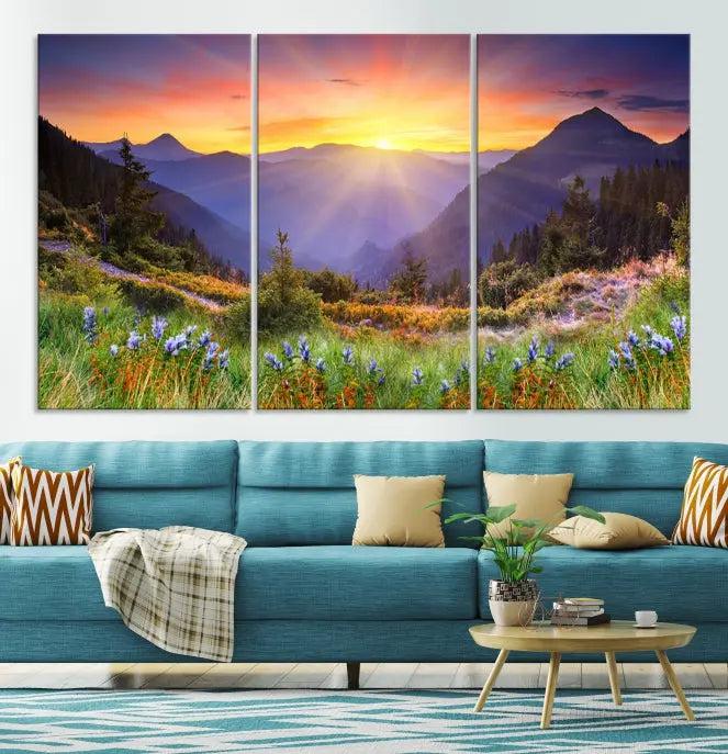 A set of three "Mountain and Spring Wall Art Canvas Prints" showcases a sunrise mountain scene. These museum-quality canvases are ready to hang and come with a UV-protective coating for enduring vibrancy.