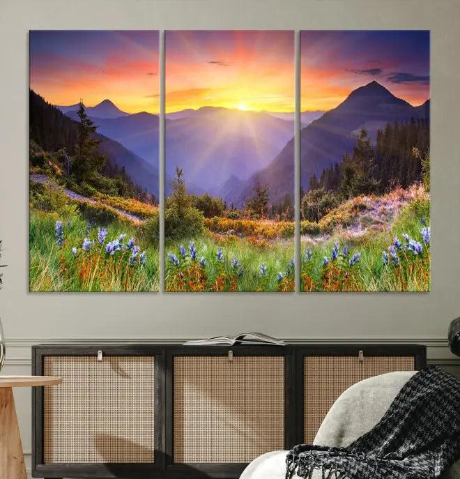 A set of three "Mountain and Spring Wall Art Canvas Prints" showcases a sunrise mountain scene. These museum-quality canvases are ready to hang and come with a UV-protective coating for enduring vibrancy.