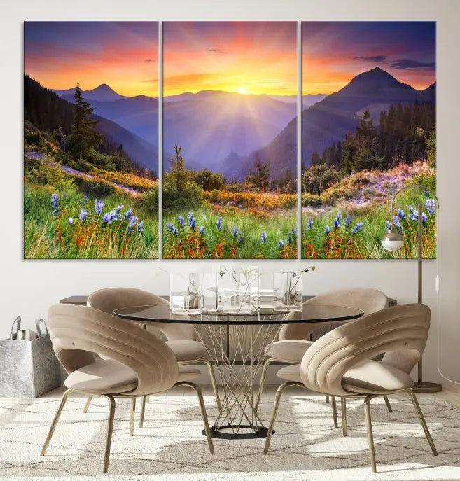 A set of three "Mountain and Spring Wall Art Canvas Prints" showcases a sunrise mountain scene. These museum-quality canvases are ready to hang and come with a UV-protective coating for enduring vibrancy.