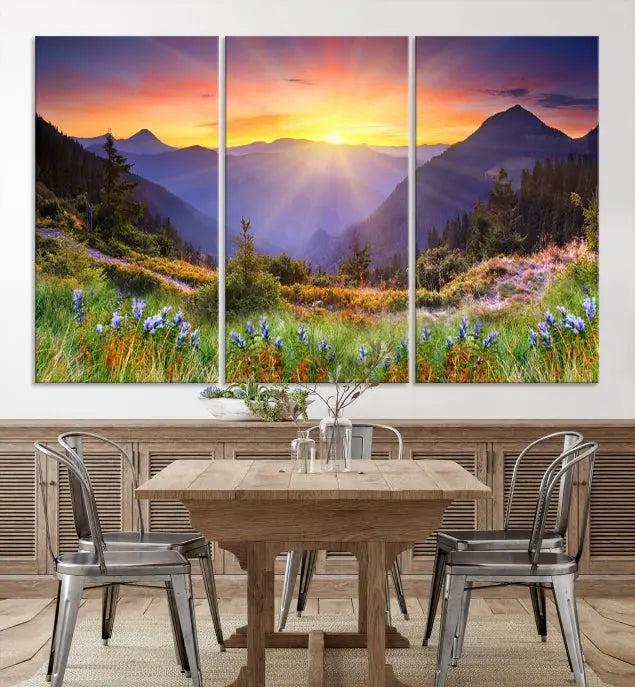 A set of three "Mountain and Spring Wall Art Canvas Prints" showcases a sunrise mountain scene. These museum-quality canvases are ready to hang and come with a UV-protective coating for enduring vibrancy.