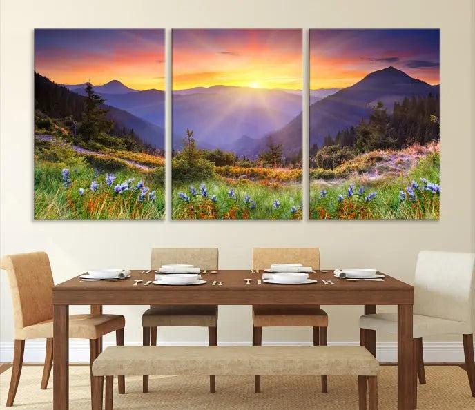 A set of three "Mountain and Spring Wall Art Canvas Prints" showcases a sunrise mountain scene. These museum-quality canvases are ready to hang and come with a UV-protective coating for enduring vibrancy.