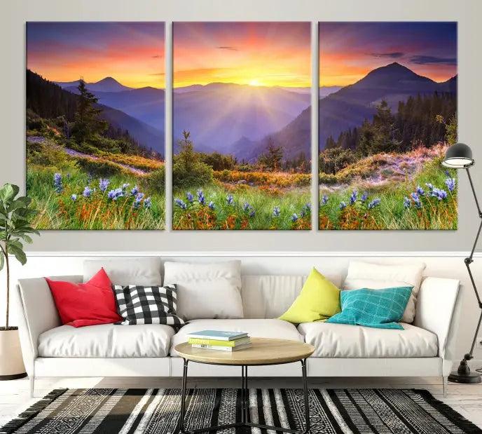 A set of three "Mountain and Spring Wall Art Canvas Prints" showcases a sunrise mountain scene. These museum-quality canvases are ready to hang and come with a UV-protective coating for enduring vibrancy.