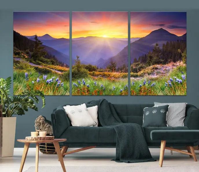 A set of three "Mountain and Spring Wall Art Canvas Prints" showcases a sunrise mountain scene. These museum-quality canvases are ready to hang and come with a UV-protective coating for enduring vibrancy.