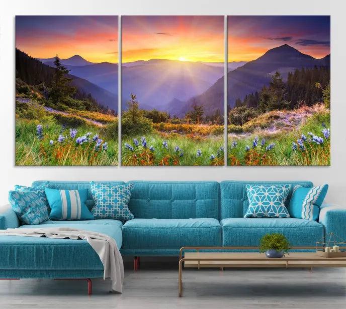 A set of three "Mountain and Spring Wall Art Canvas Prints" showcases a sunrise mountain scene. These museum-quality canvases are ready to hang and come with a UV-protective coating for enduring vibrancy.