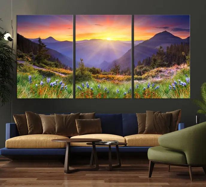 A set of three "Mountain and Spring Wall Art Canvas Prints" showcases a sunrise mountain scene. These museum-quality canvases are ready to hang and come with a UV-protective coating for enduring vibrancy.