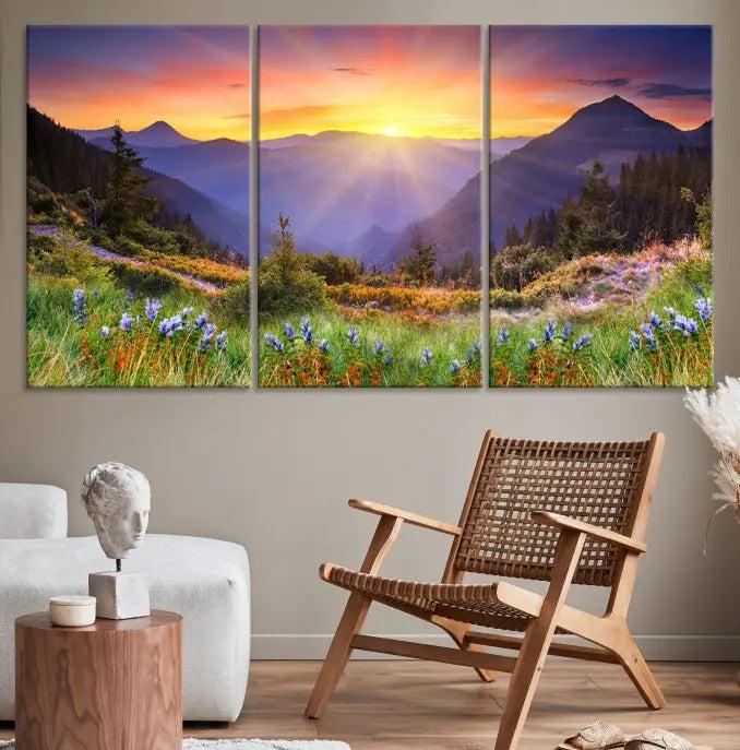 A set of three "Mountain and Spring Wall Art Canvas Prints" showcases a sunrise mountain scene. These museum-quality canvases are ready to hang and come with a UV-protective coating for enduring vibrancy.