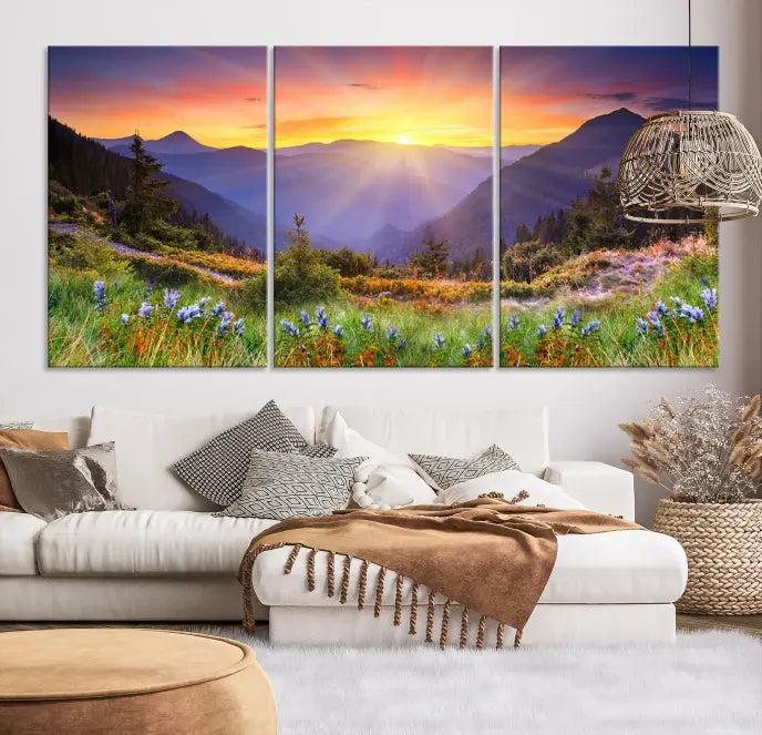 A set of three "Mountain and Spring Wall Art Canvas Prints" showcases a sunrise mountain scene. These museum-quality canvases are ready to hang and come with a UV-protective coating for enduring vibrancy.