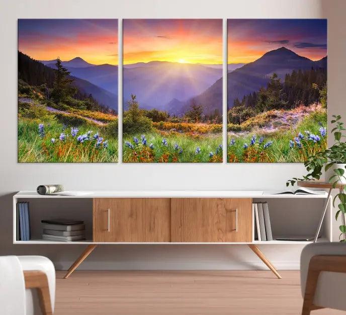 A set of three "Mountain and Spring Wall Art Canvas Prints" showcases a sunrise mountain scene. These museum-quality canvases are ready to hang and come with a UV-protective coating for enduring vibrancy.