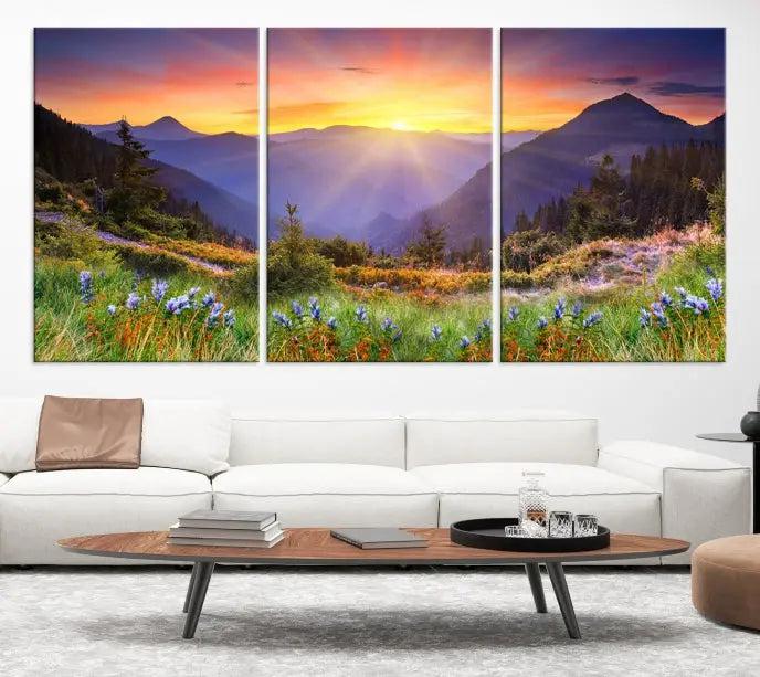 A set of three "Mountain and Spring Wall Art Canvas Prints" showcases a sunrise mountain scene. These museum-quality canvases are ready to hang and come with a UV-protective coating for enduring vibrancy.