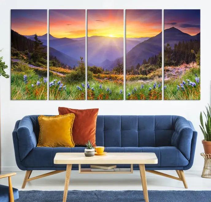 A set of three "Mountain and Spring Wall Art Canvas Prints" showcases a sunrise mountain scene. These museum-quality canvases are ready to hang and come with a UV-protective coating for enduring vibrancy.