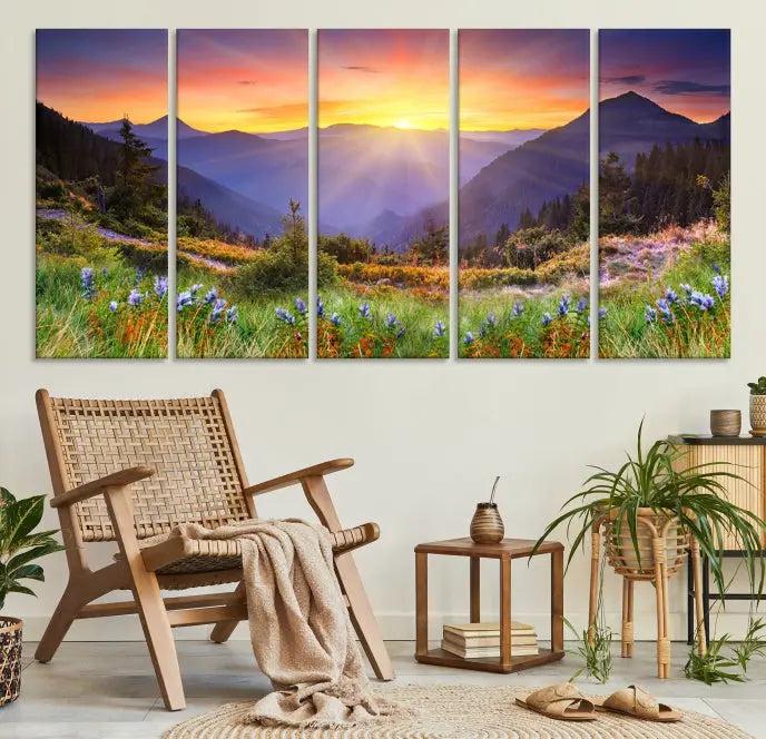 A set of three "Mountain and Spring Wall Art Canvas Prints" showcases a sunrise mountain scene. These museum-quality canvases are ready to hang and come with a UV-protective coating for enduring vibrancy.