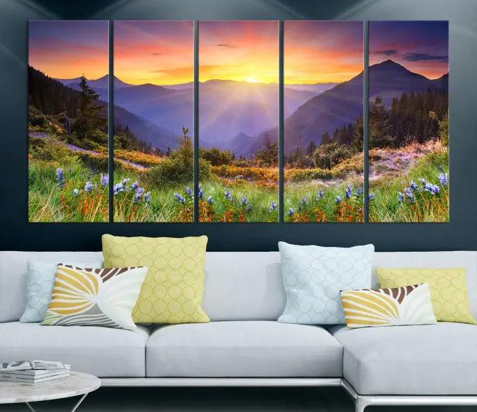 A set of three "Mountain and Spring Wall Art Canvas Prints" showcases a sunrise mountain scene. These museum-quality canvases are ready to hang and come with a UV-protective coating for enduring vibrancy.