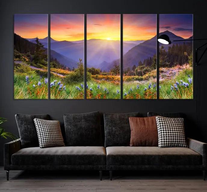 A set of three "Mountain and Spring Wall Art Canvas Prints" showcases a sunrise mountain scene. These museum-quality canvases are ready to hang and come with a UV-protective coating for enduring vibrancy.