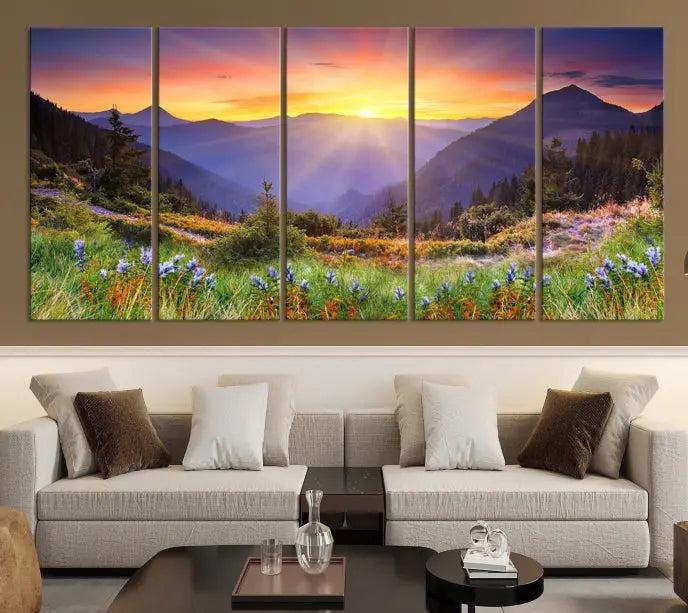 A set of three "Mountain and Spring Wall Art Canvas Prints" showcases a sunrise mountain scene. These museum-quality canvases are ready to hang and come with a UV-protective coating for enduring vibrancy.