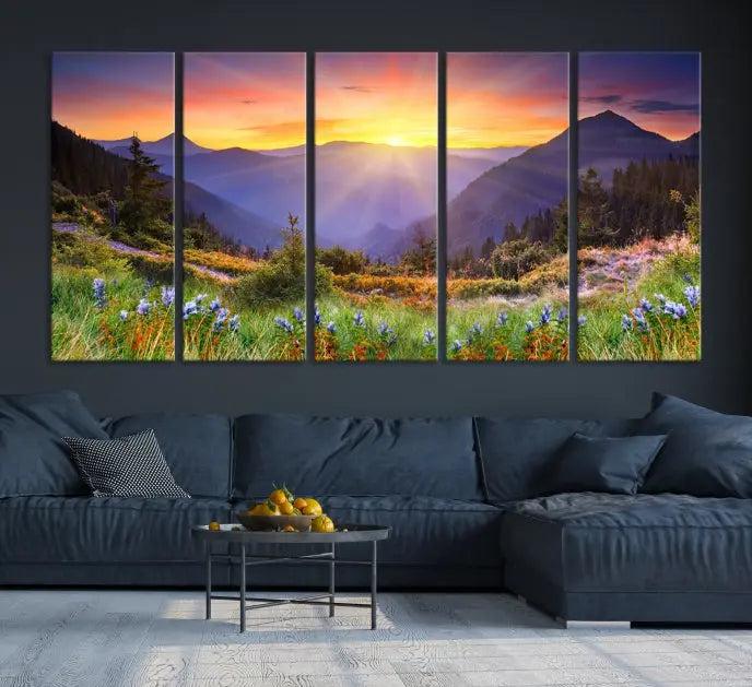 A set of three "Mountain and Spring Wall Art Canvas Prints" showcases a sunrise mountain scene. These museum-quality canvases are ready to hang and come with a UV-protective coating for enduring vibrancy.