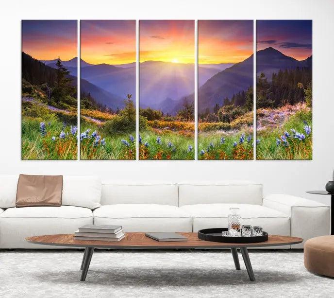 A set of three "Mountain and Spring Wall Art Canvas Prints" showcases a sunrise mountain scene. These museum-quality canvases are ready to hang and come with a UV-protective coating for enduring vibrancy.