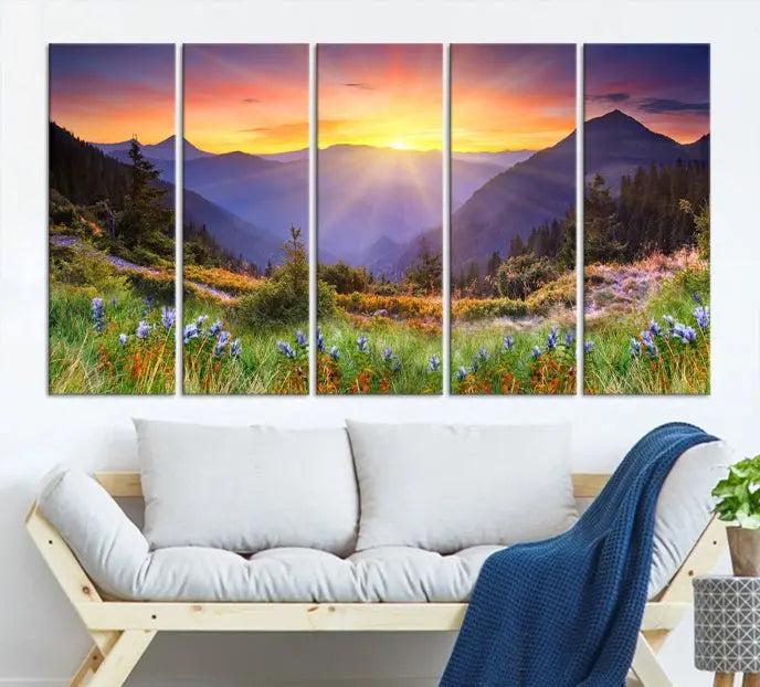 A set of three "Mountain and Spring Wall Art Canvas Prints" showcases a sunrise mountain scene. These museum-quality canvases are ready to hang and come with a UV-protective coating for enduring vibrancy.