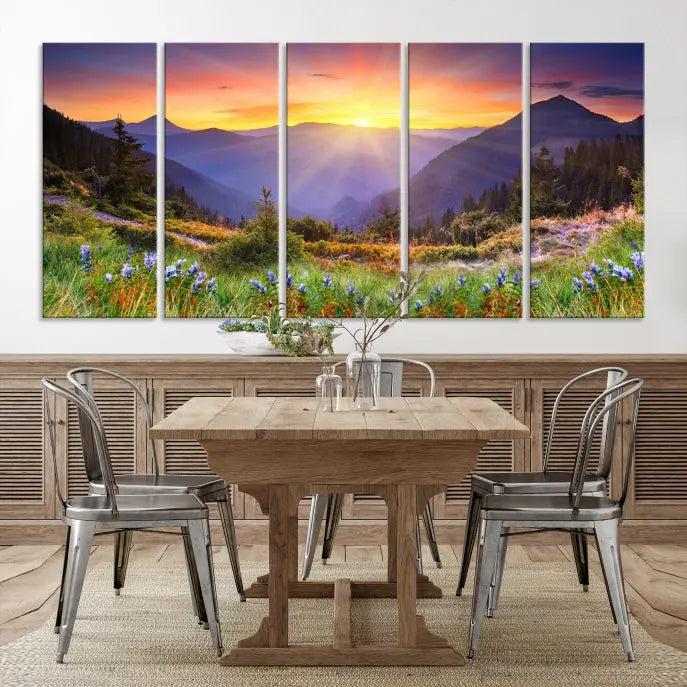 A set of three "Mountain and Spring Wall Art Canvas Prints" showcases a sunrise mountain scene. These museum-quality canvases are ready to hang and come with a UV-protective coating for enduring vibrancy.