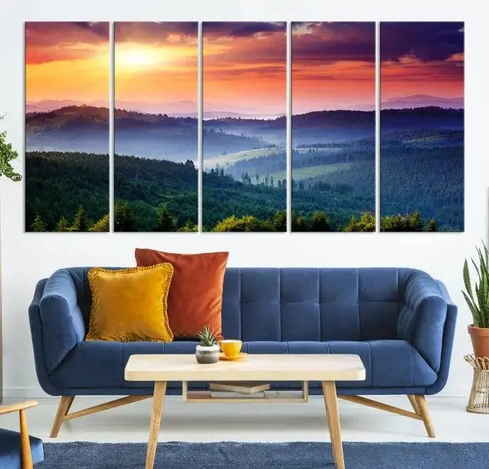 Mountain and Sunset Wall Art Canvas Print features a dynamic sunset over rolling hills and forests, crafted on museum-quality canvas with UV-protective coating.