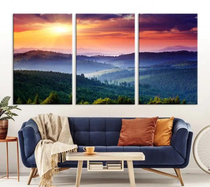 Mountain and Sunset Wall Art Canvas Print features a dynamic sunset over rolling hills and forests, crafted on museum-quality canvas with UV-protective coating.