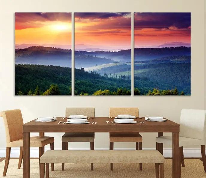 Mountain and Sunset Wall Art Canvas Print features a dynamic sunset over rolling hills and forests, crafted on museum-quality canvas with UV-protective coating.