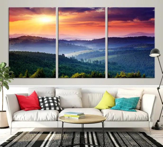 Mountain and Sunset Wall Art Canvas Print features a dynamic sunset over rolling hills and forests, crafted on museum-quality canvas with UV-protective coating.